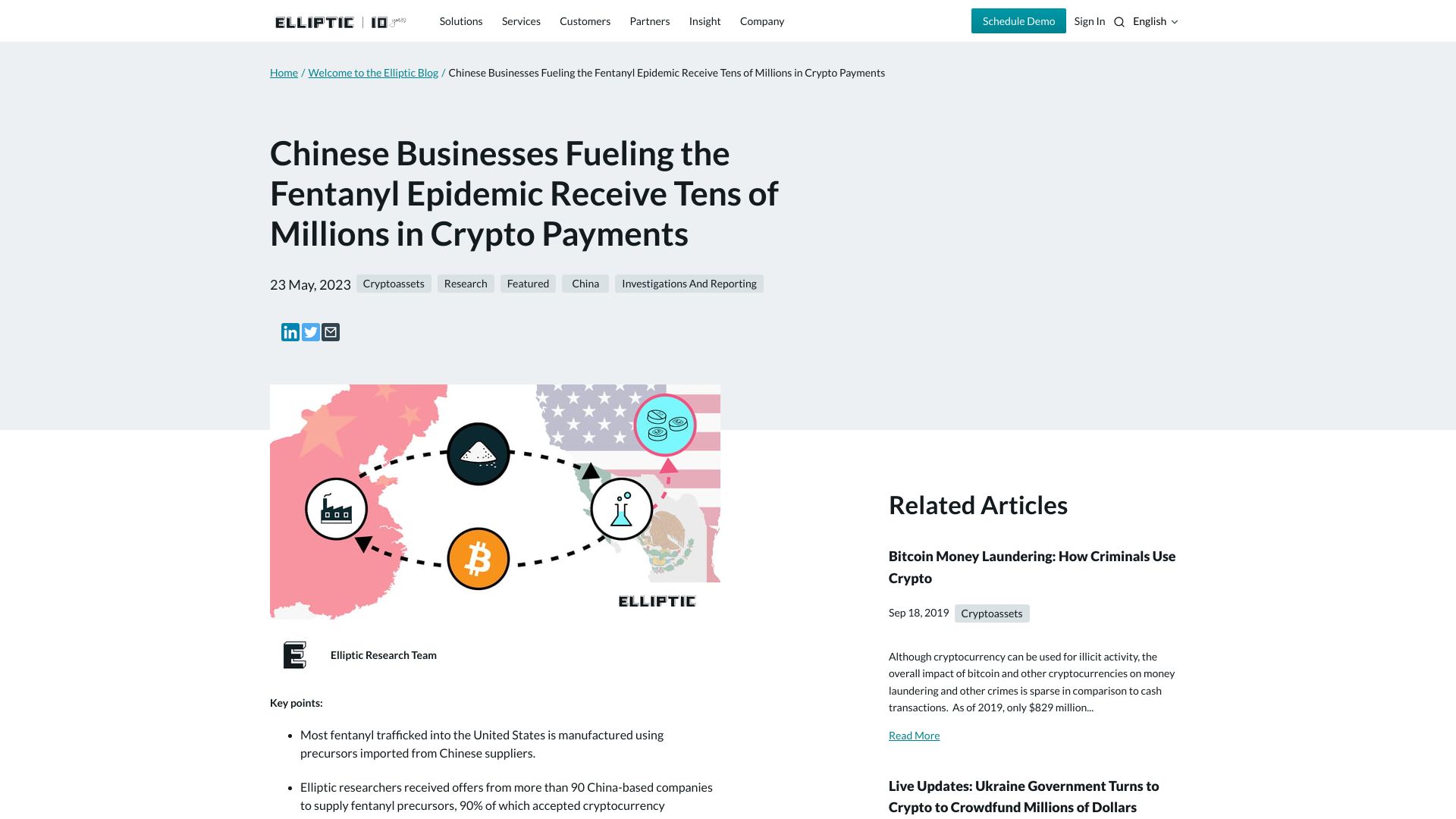 Screenshot of elliptic.co: Chinese Businesses Fueling the Fentanyl Epidemic Receive Millions in Crypto