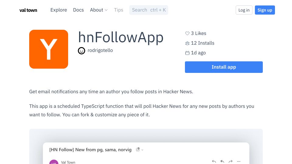 Screenshot of val.town: Show HN: HN Follow – Follow Your Friends on HN