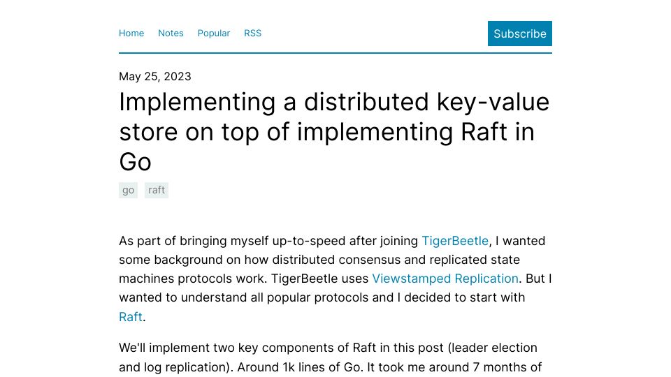 Screenshot of notes.eatonphil.com: Implementing a distributed key-value store on top of implementing Raft in Go
