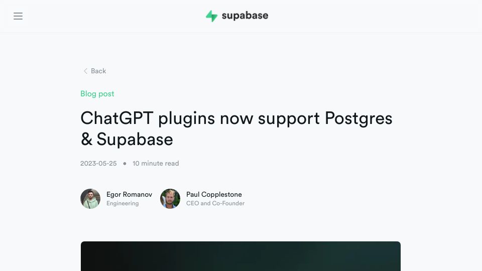 Screenshot of supabase.com: ChatGPT plugins now support Postgres and Supabase