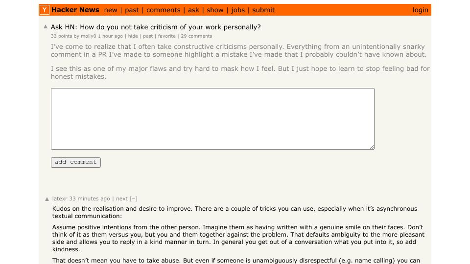 Screenshot of Hacker News post: Ask HN: How do you not take criticism of your work personally?