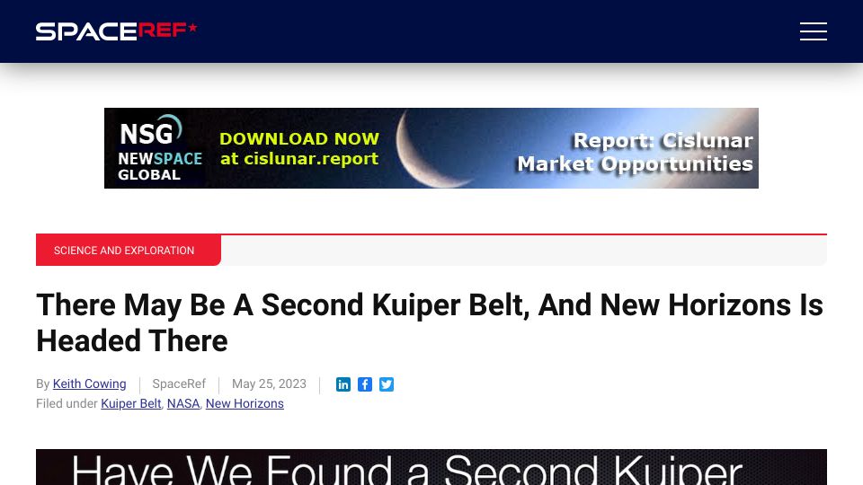 Screenshot of spaceref.com: There May Be a Second Kuiper Belt, and New Horizons Is Headed There