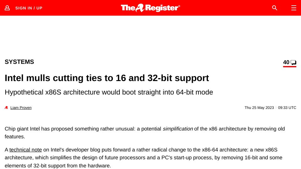 Screenshot of theregister.com: Intel mulls cutting 16 and 32-bit support, booting straight into 64-bit mode