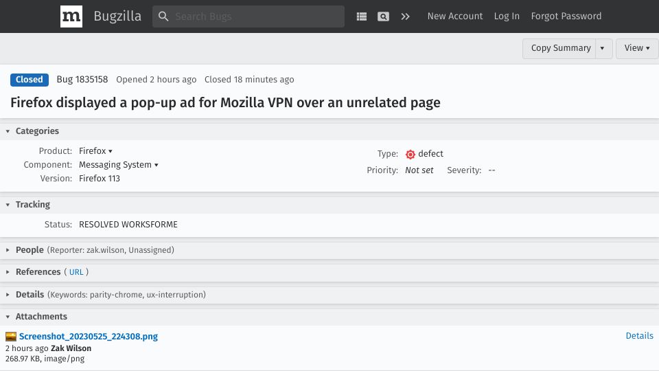 Screenshot of bugzilla.mozilla.org: Firefox displayed a pop-up ad for Mozilla VPN over an unrelated page