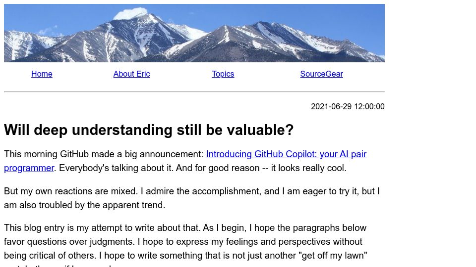Screenshot of ericsink.com: Will deep understanding still be valuable?