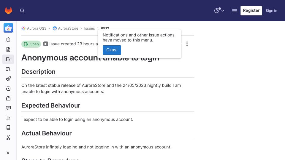 Screenshot of gitlab.com: Aurora Store Accounts Blocked by Google