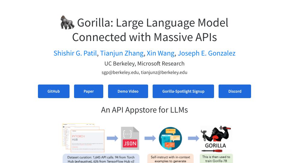 Screenshot of gorilla.cs.berkeley.edu: Gorilla: Large Language Model connected with massive APIs