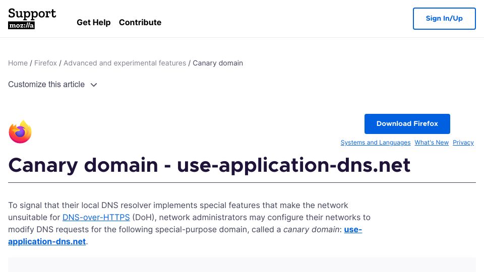Screenshot of support.mozilla.org: Canary domain – use-application-dns.net