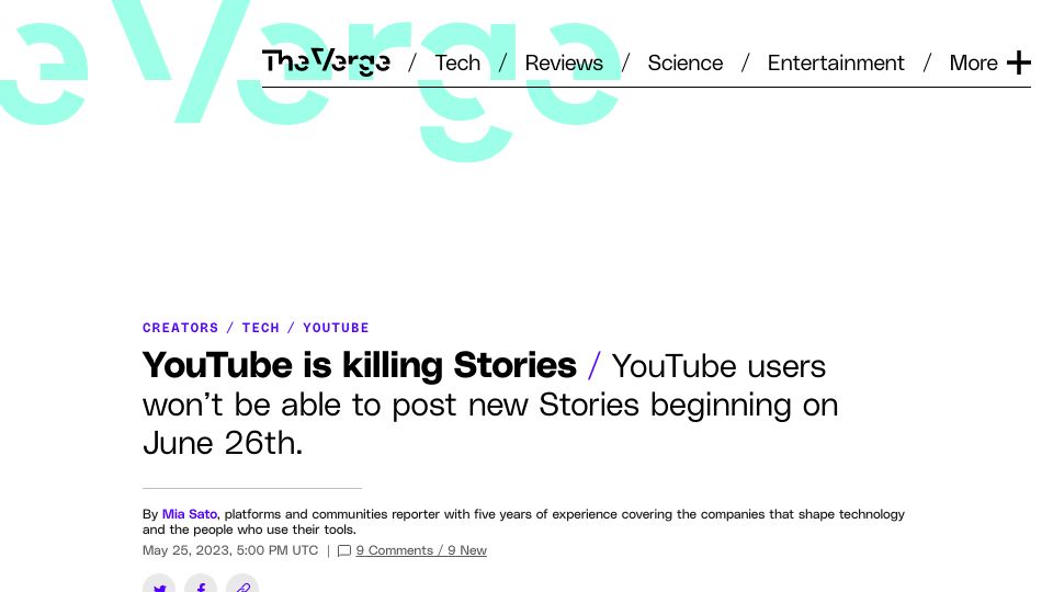 Screenshot of theverge.com: YouTube Is Killing Stories