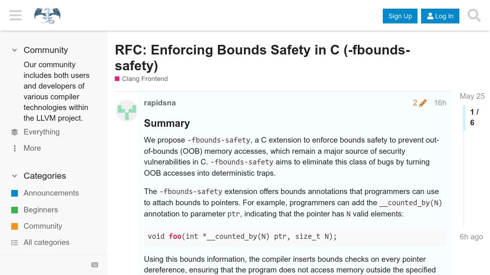 Screenshot of discourse.llvm.org: RFC: Enforcing Bounds Safety in C (-fbounds-safety)