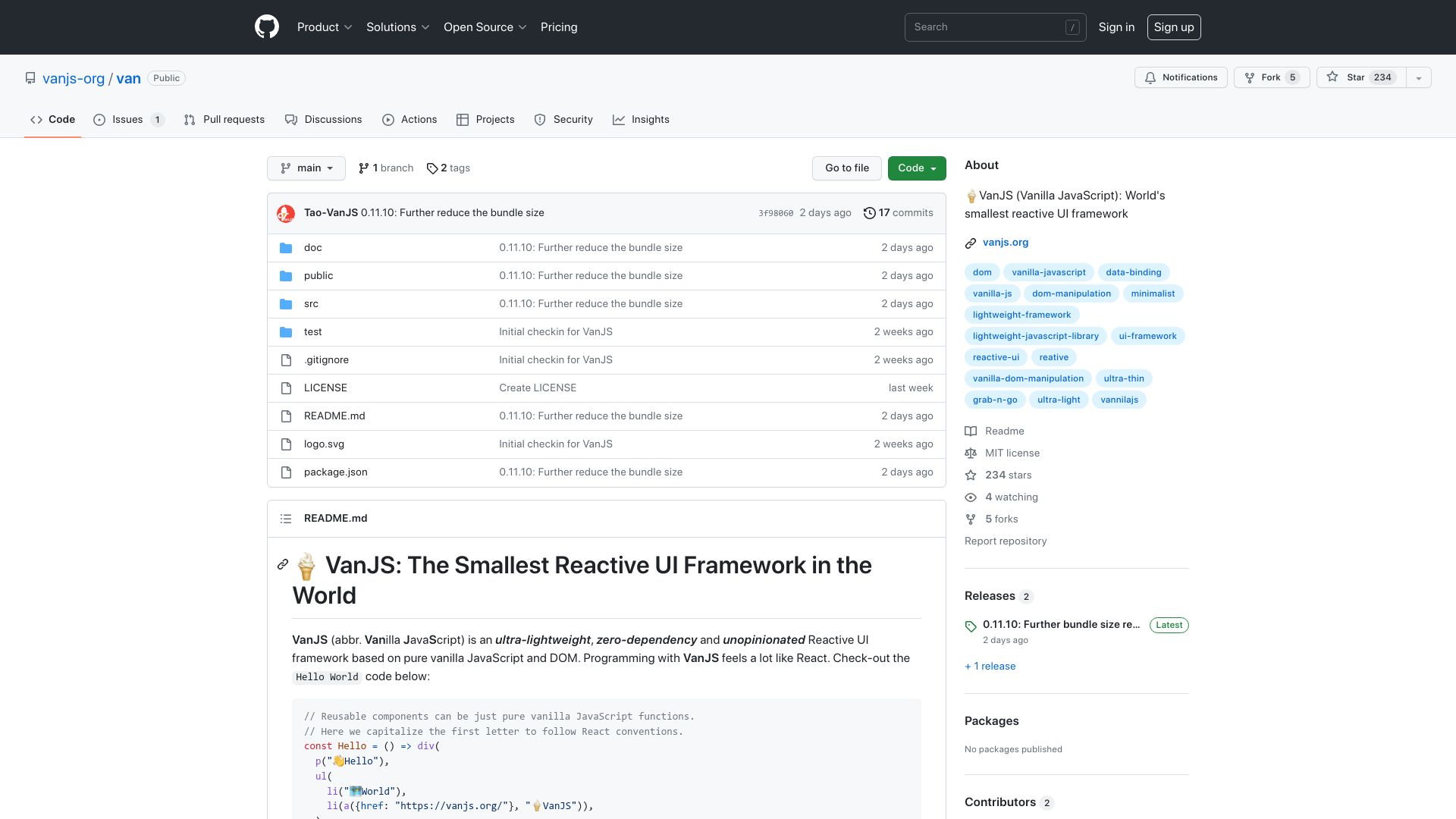Screenshot of github.com: VanJS (Vanilla JavaScript): smallest reactive UI framework