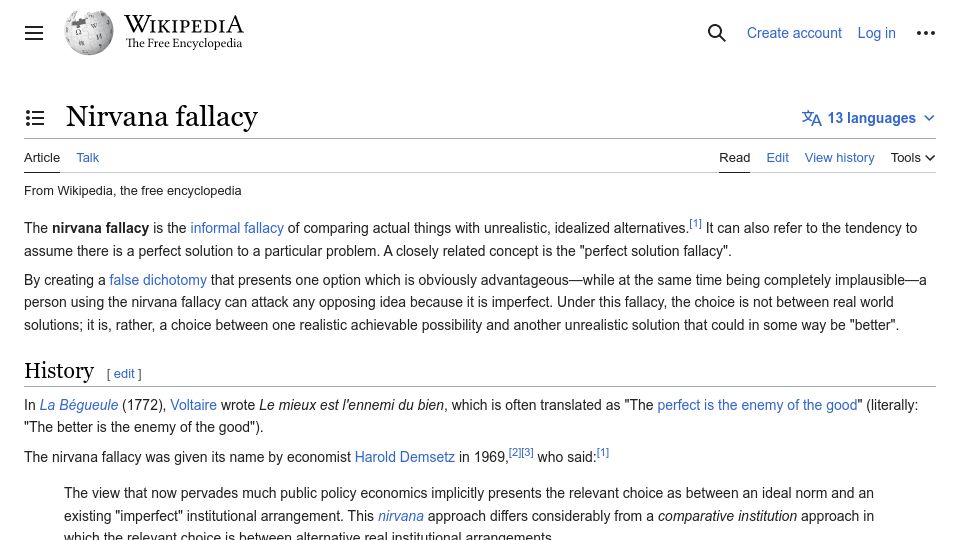 Screenshot of en.wikipedia.org: Nirvana fallacy