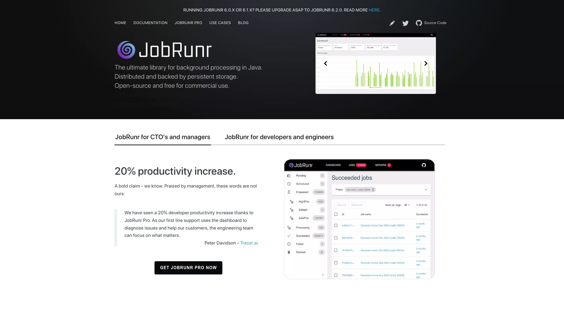Screenshot of jobrunr.io: JobRunr: A library for background processing in Java