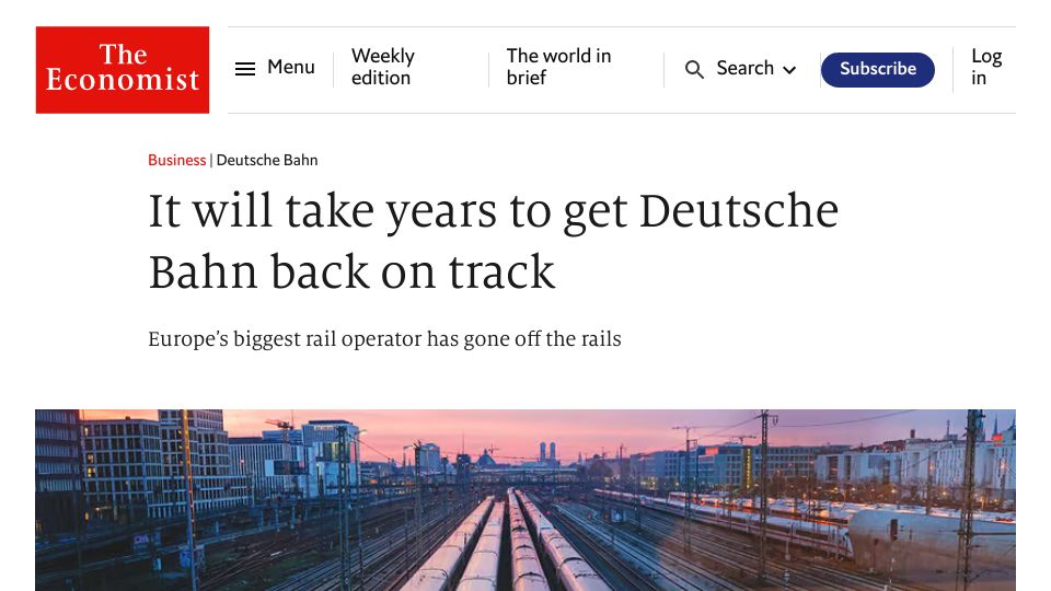 Screenshot of economist.com: It will take years to get Deutsche Bahn back on track