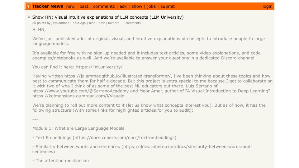 Screenshot of Hacker News post: Show HN: Visual intuitive explanations of LLM concepts (LLM University)