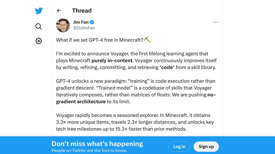 Screenshot of twitter.com: What if we set GPT-4 free in Minecraft?
