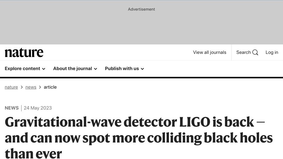 Screenshot of nature.com: Gravitational-wave detector LIGO is back