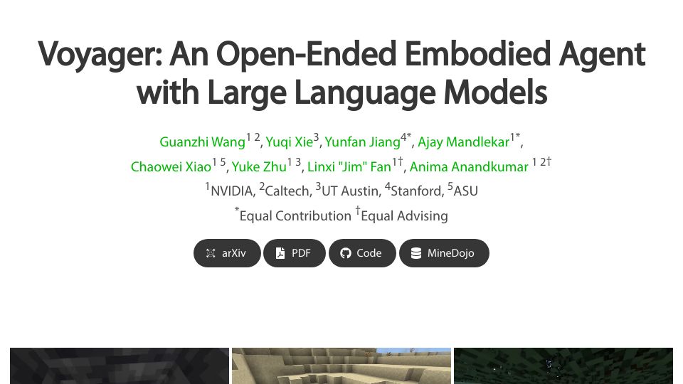Screenshot of voyager.minedojo.org: Voyager: An Open-Ended Embodied Agent with LLMs