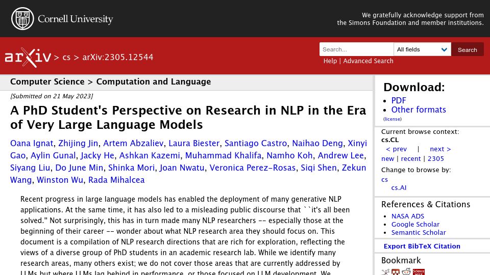 Screenshot of arxiv.org: A PhD student's perspective on research in NLP in the era of LLMs