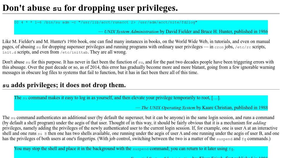 Screenshot of jdebp.uk: Don't abuse su for dropping user privileges (2015)