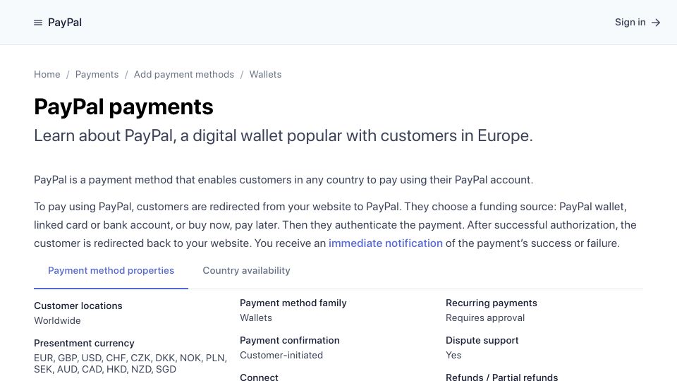 Screenshot of stripe.com: Stripe Launches PayPal Integration In Europe