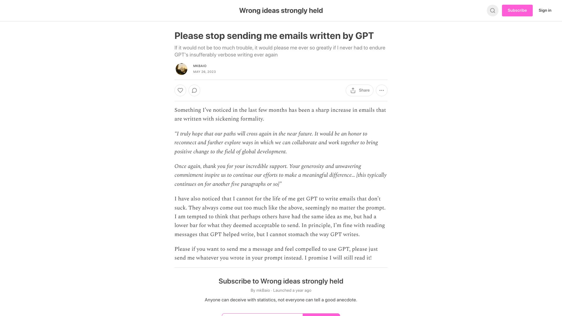 Screenshot of mkbaio.substack.com: Please stop sending me emails written by GPT