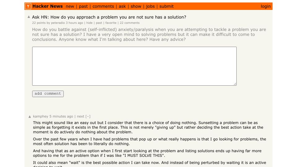 Screenshot of Hacker News post: Ask HN: How do you approach a problem you are not sure has a solution?
