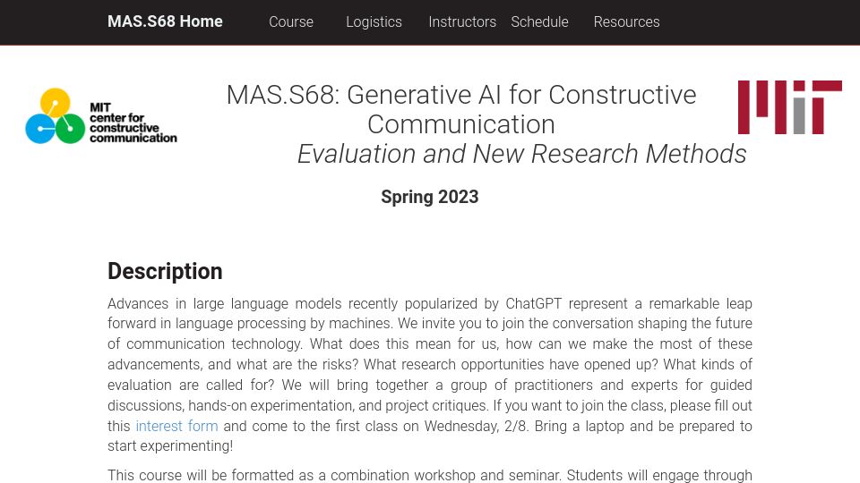 Screenshot of ai4comm.media.mit.edu: MIT Course: Generative AI for Constructive Communication