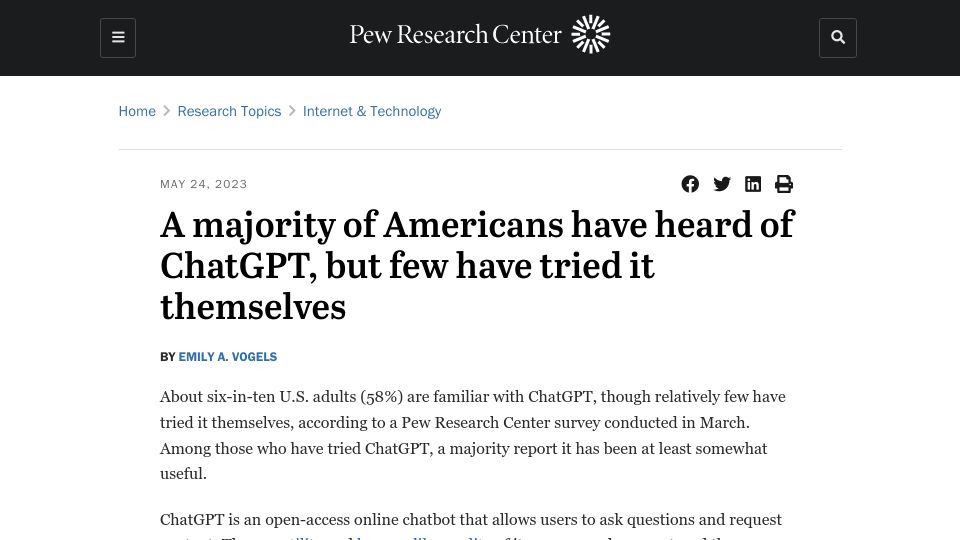 Screenshot of pewresearch.org: 58% of US adults have heard of ChatGPT; 14% have tried it