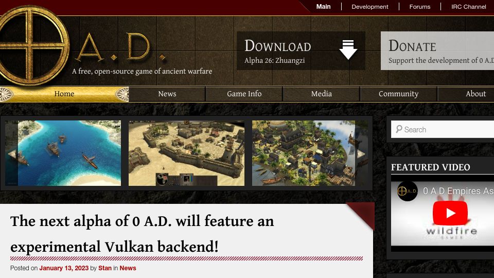Screenshot of play0ad.com: 0AD, an open source historical RTS in development for 22 years