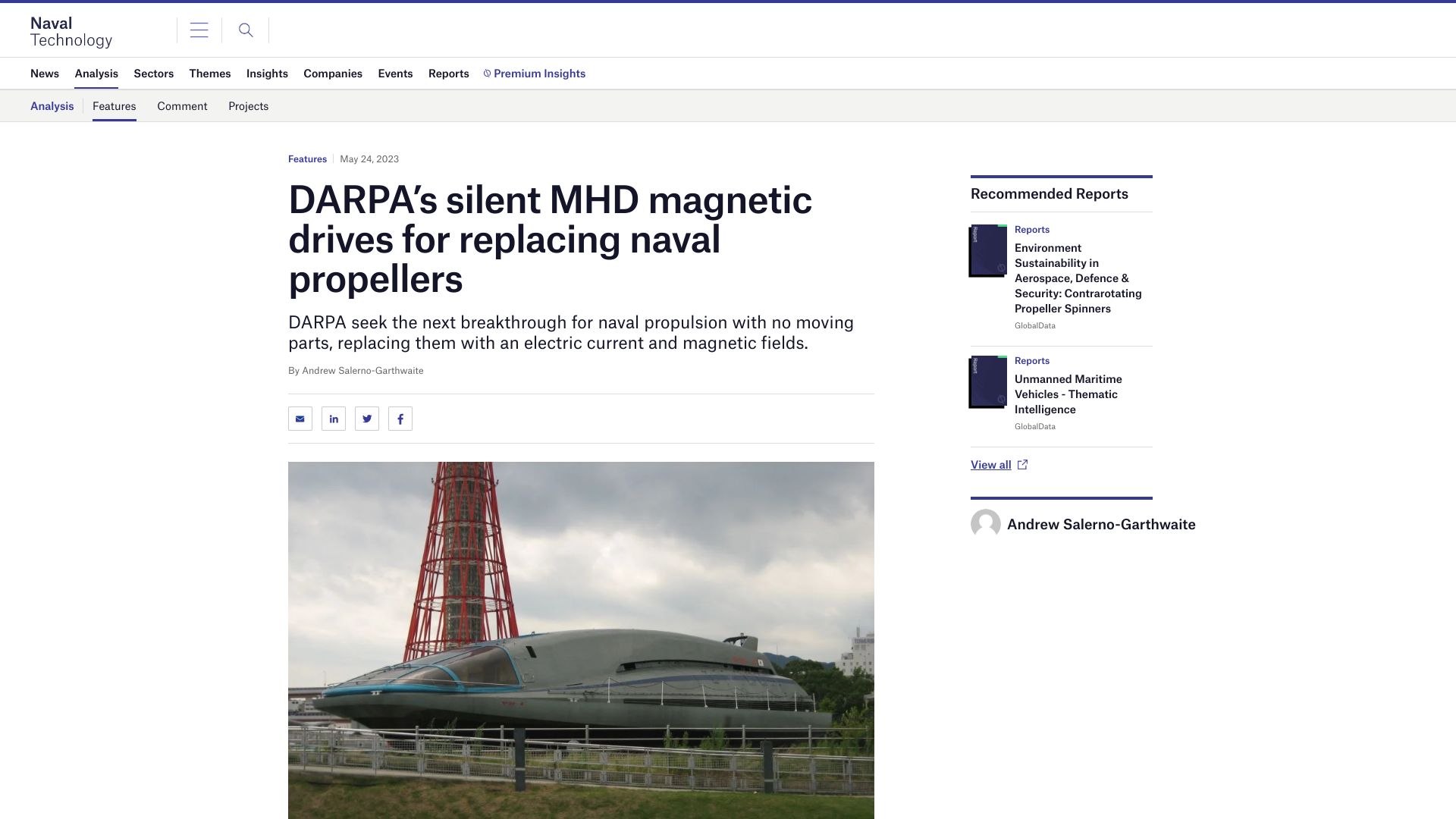 Screenshot of naval-technology.com: DARPA’s silent MHD magnetic drives for replacing naval propellers
