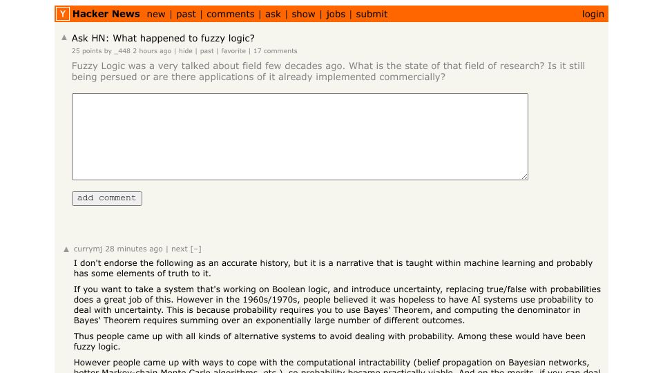 Screenshot of Hacker News post: Ask HN: What happened to fuzzy logic?
