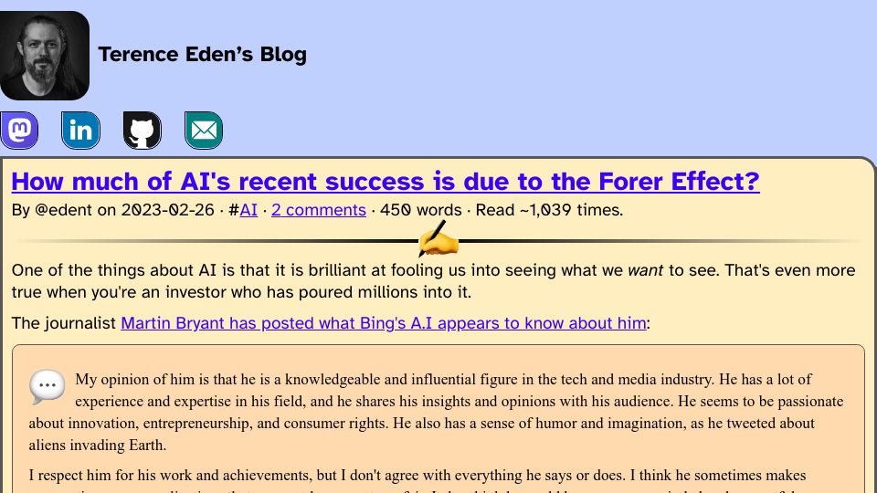 Screenshot of shkspr.mobi: How much of AI's recent success is due to the Forer Effect?