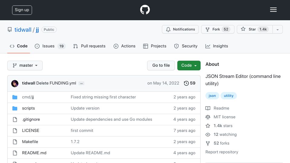 Screenshot of github.com: Jj: JSON Stream Editor
