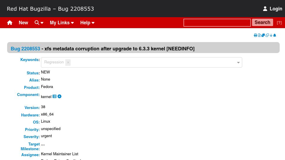 Screenshot of bugzilla.redhat.com: XFS metadata corruption after upgrade to 6.3.3 kernel