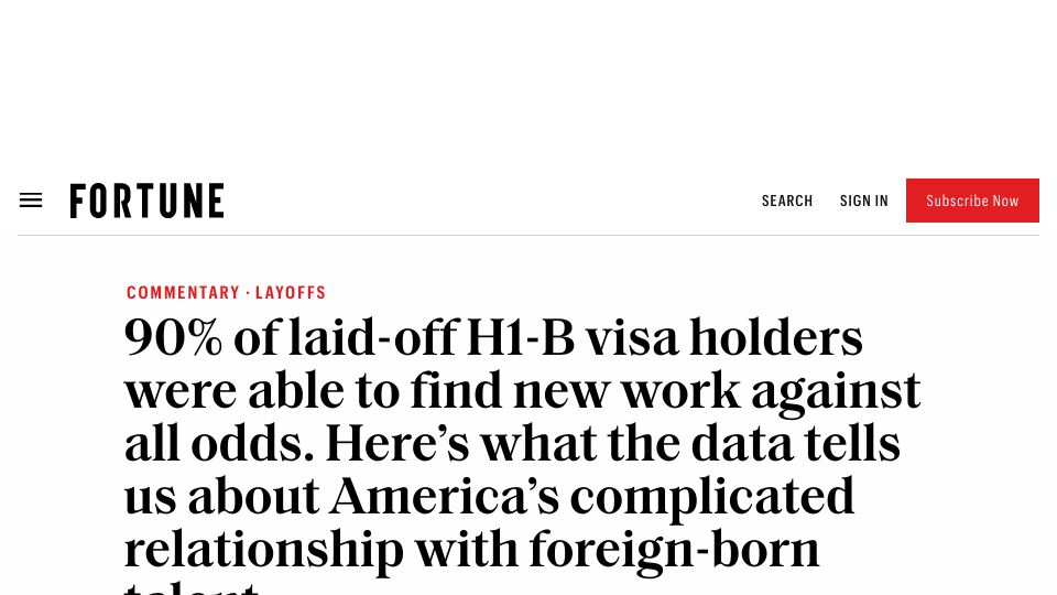 Screenshot of fortune.com: 90% of laid-off H1-B visa holders were able to find new work
