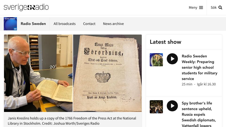 Screenshot of sverigesradio.se: Sweden's 250-year-old Freedom of the Press Act gets UNESCO status