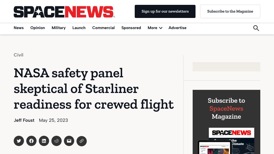 Screenshot of spacenews.com: NASA safety panel skeptical of Starliner readiness for crewed flight