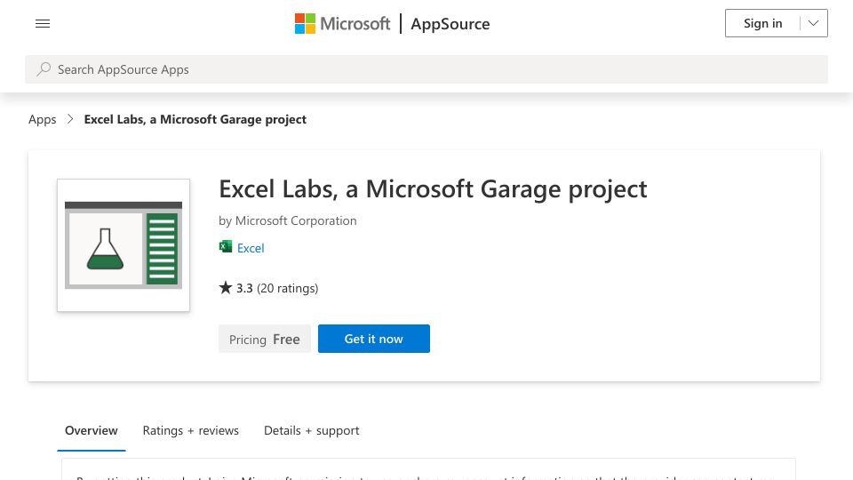 Screenshot of appsource.microsoft.com: Excel Labs, a Microsoft Garage Project