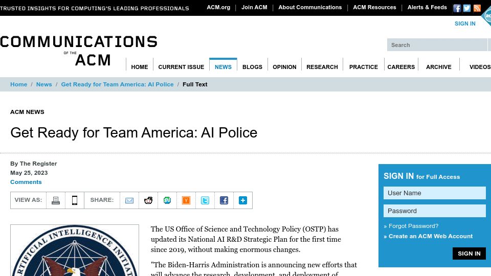 Screenshot of cacm.acm.org: Get Ready for Team America: AI Police