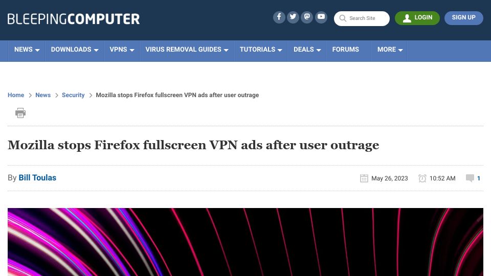 Screenshot of bleepingcomputer.com: Mozilla stops Firefox fullscreen VPN ads after user outrage