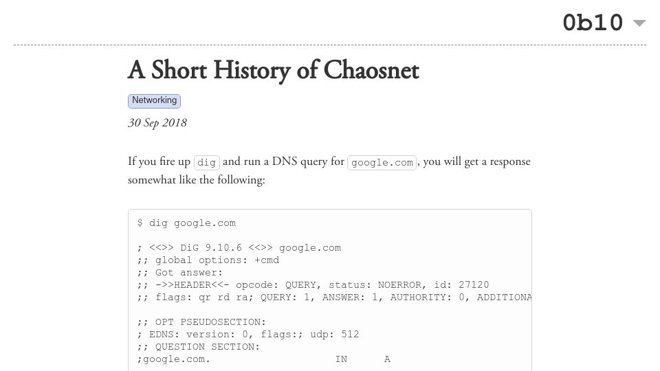 Screenshot of twobithistory.org: A Short History of Chaosnet (2018)