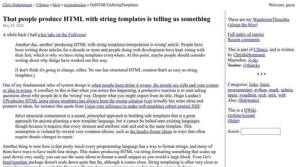 Screenshot of utcc.utoronto.ca: That people produce HTML with string templates is telling us something