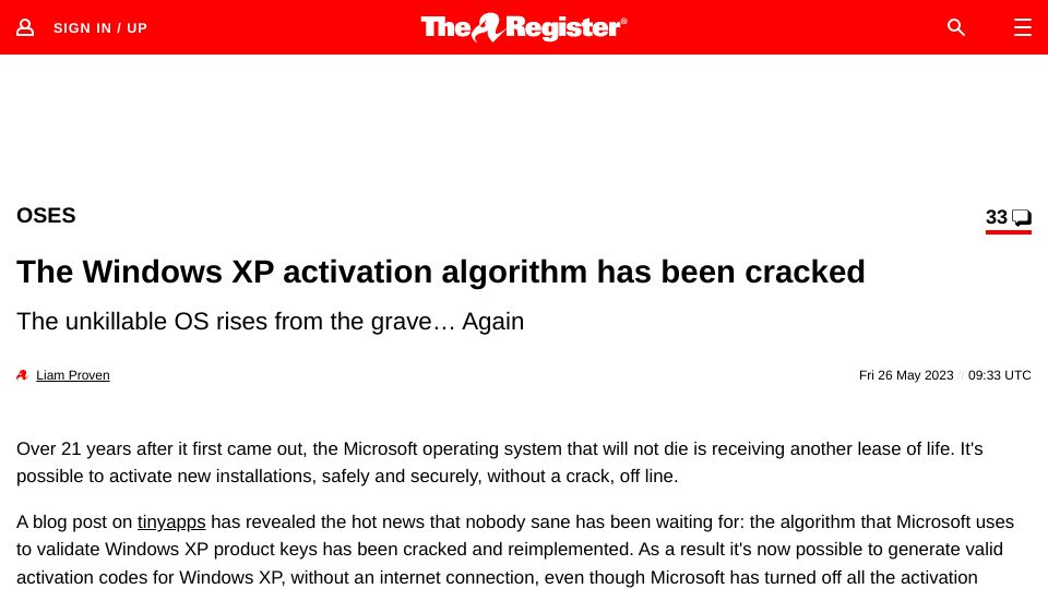 Screenshot of theregister.com: The Windows XP activation algorithm has been cracked