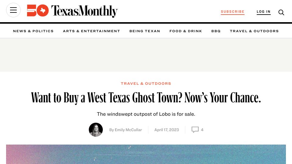 Screenshot of texasmonthly.com: Want to buy a West Texas ghost town? Now’s your chance