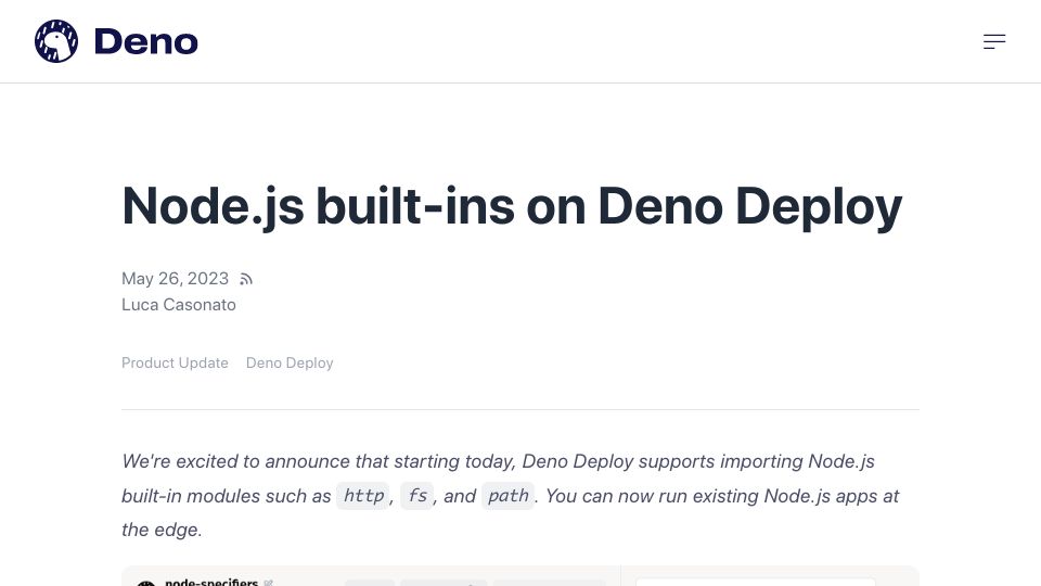 Screenshot of deno.com: Node.js built-ins on Deno Deploy
