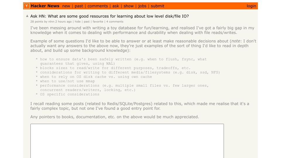 Screenshot of Hacker News post: Ask HN: What are some good resources for learning about low level disk/file IO?