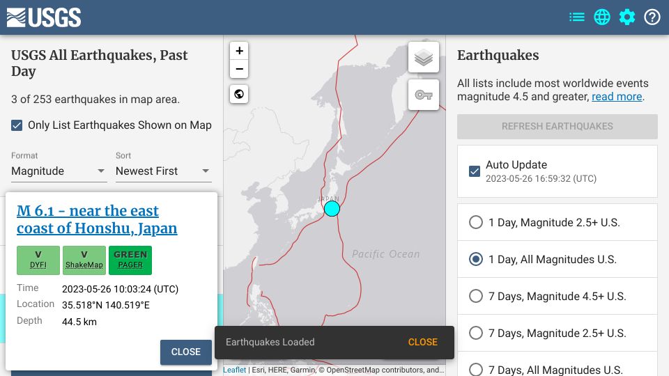 Screenshot of earthquake.usgs.gov: Magnitude 6.1 earthquake near the east coast of Honshu, Japan