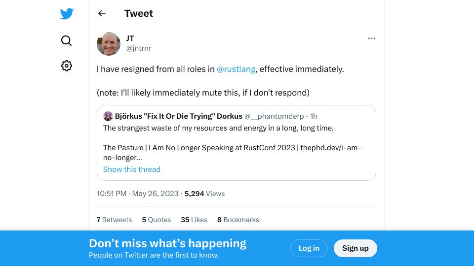 Screenshot of twitter.com: I have resigned from all roles in rustlang, effective immediately