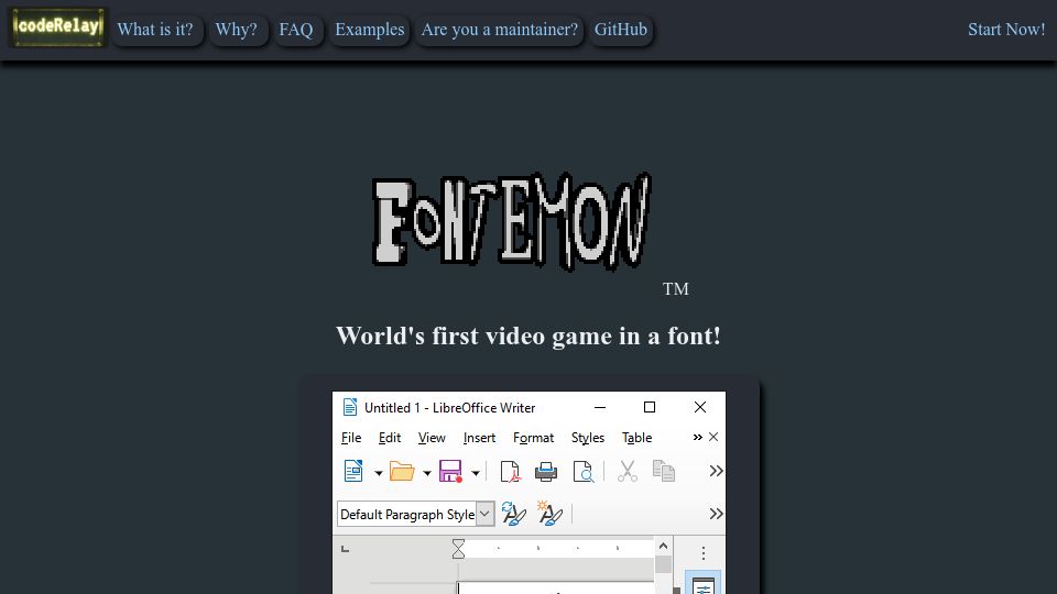 Screenshot of coderelay.io: Fontemon: Video Game in a Font